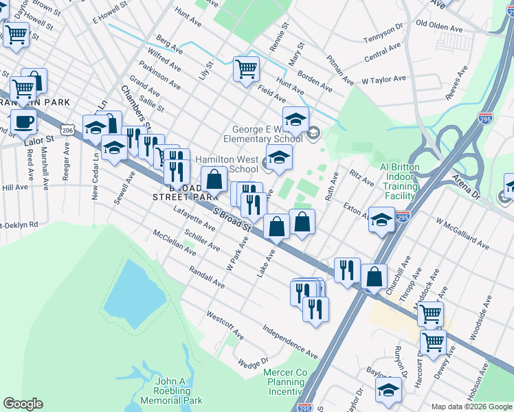 map of restaurants, bars, coffee shops, grocery stores, and more near 2118 Genesee Street in Hamilton Township