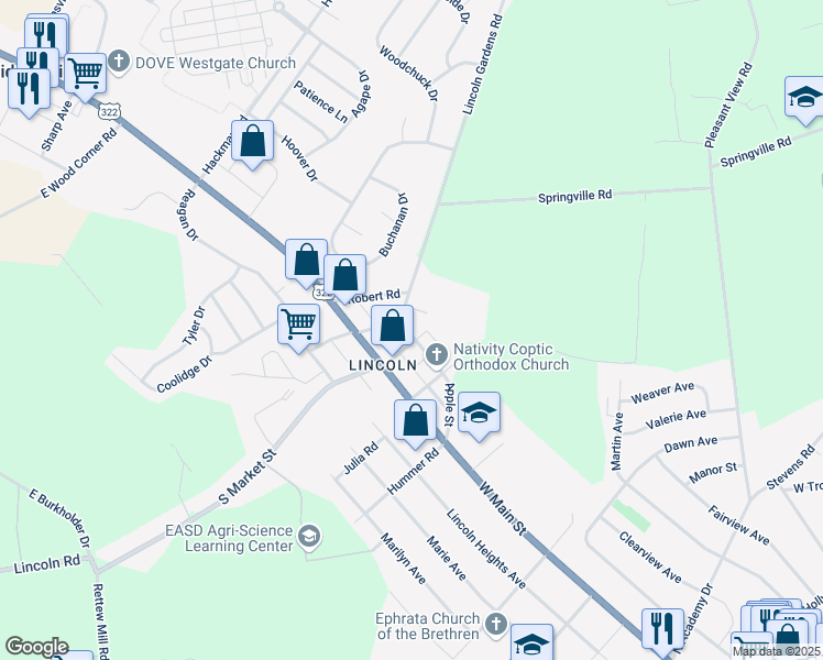 map of restaurants, bars, coffee shops, grocery stores, and more near 1409 Apple Street in Ephrata