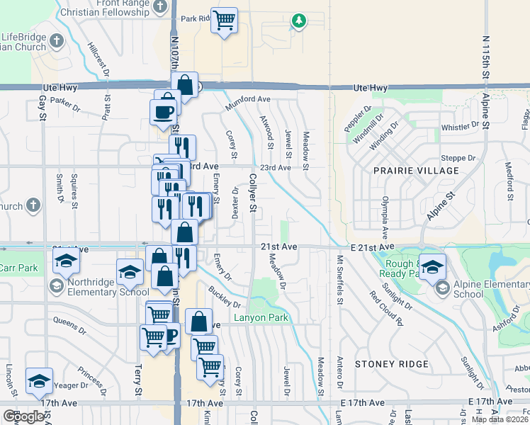 map of restaurants, bars, coffee shops, grocery stores, and more near 2136 Collyer Street in Longmont