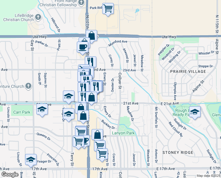 map of restaurants, bars, coffee shops, grocery stores, and more near 2147 Dexter Drive in Longmont