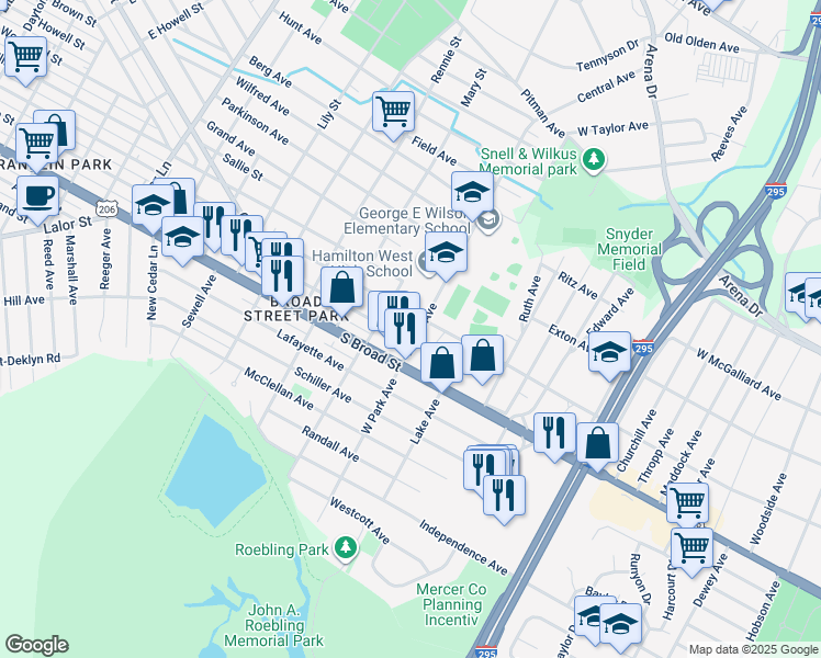 map of restaurants, bars, coffee shops, grocery stores, and more near 2118 Genesee Street in Hamilton Township