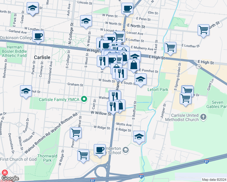 map of restaurants, bars, coffee shops, grocery stores, and more near 256 South Hanover Street in Carlisle