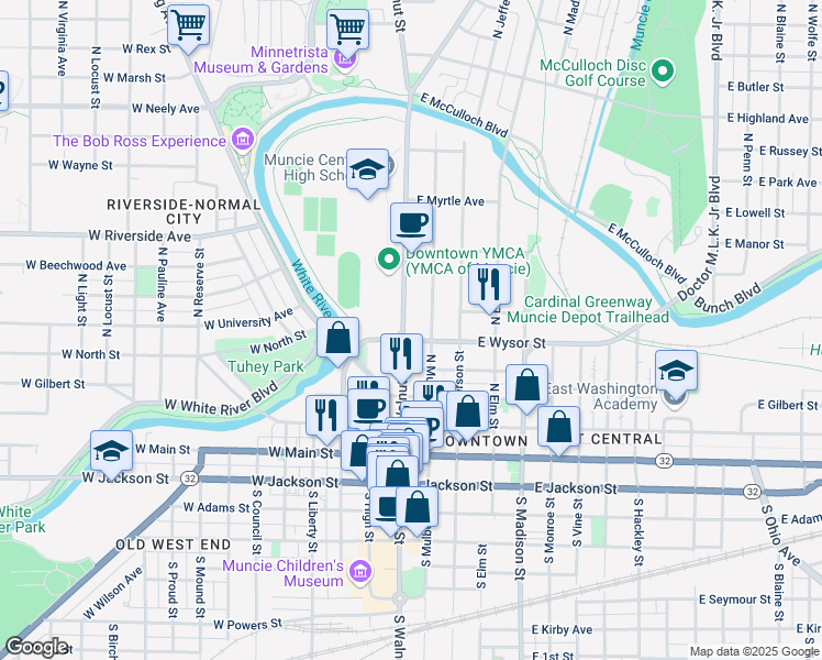 map of restaurants, bars, coffee shops, grocery stores, and more near 110 East Wysor Street in Muncie