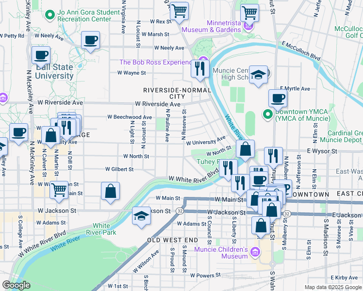 map of restaurants, bars, coffee shops, grocery stores, and more near 814 West North Street in Muncie