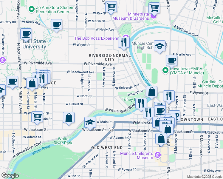 map of restaurants, bars, coffee shops, grocery stores, and more near 814 West North Street in Muncie