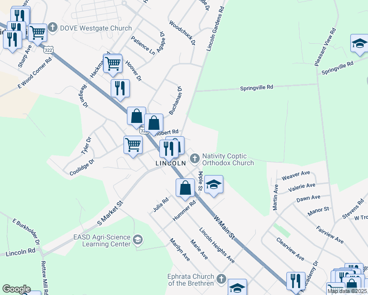 map of restaurants, bars, coffee shops, grocery stores, and more near 1409 Apple Street in Ephrata