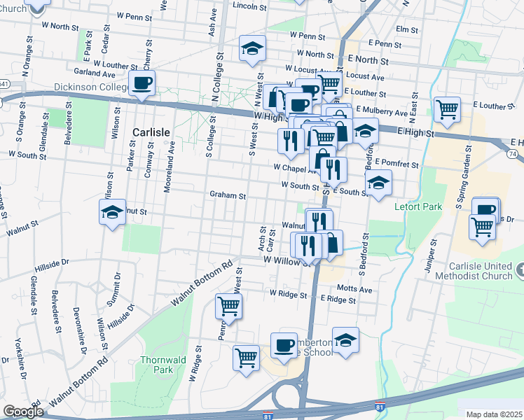 map of restaurants, bars, coffee shops, grocery stores, and more near 254 Arch Street in Carlisle