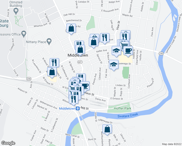 map of restaurants, bars, coffee shops, grocery stores, and more near 221 North Pine Street in Middletown