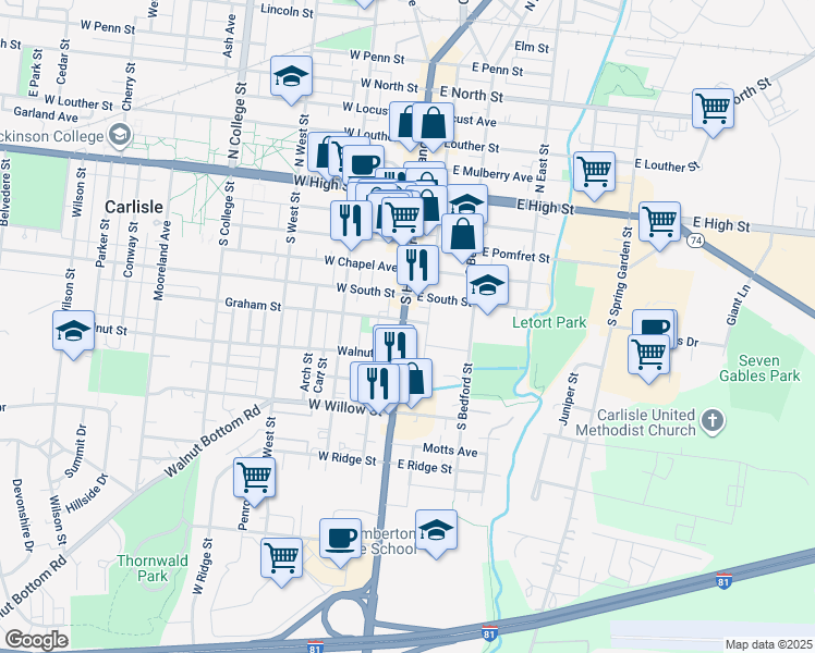 map of restaurants, bars, coffee shops, grocery stores, and more near 237 South Hanover Street in Carlisle