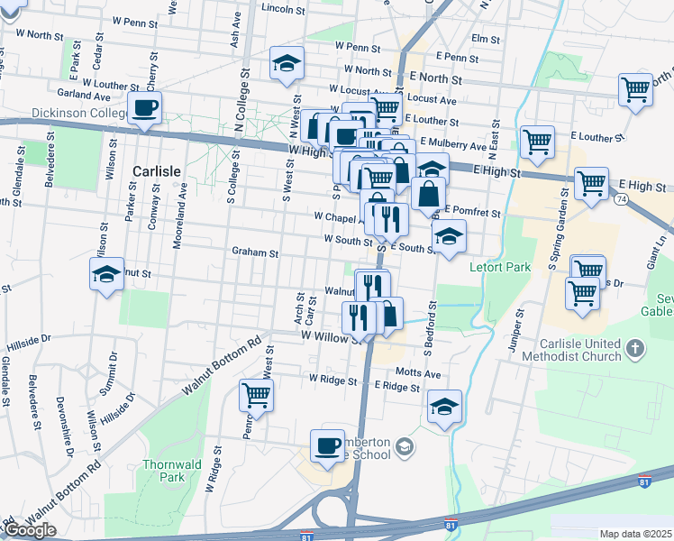 map of restaurants, bars, coffee shops, grocery stores, and more near 247 South Pitt Street in Carlisle