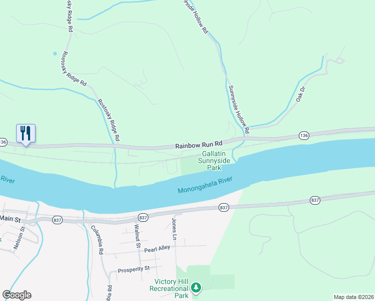 map of restaurants, bars, coffee shops, grocery stores, and more near 2216 Gallatin Road in Monongahela