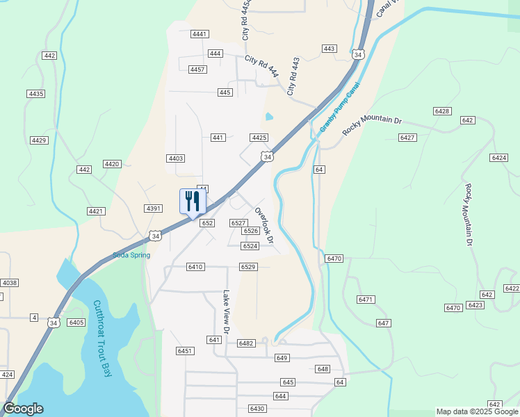 map of restaurants, bars, coffee shops, grocery stores, and more near 180 County Road in Grand Lake
