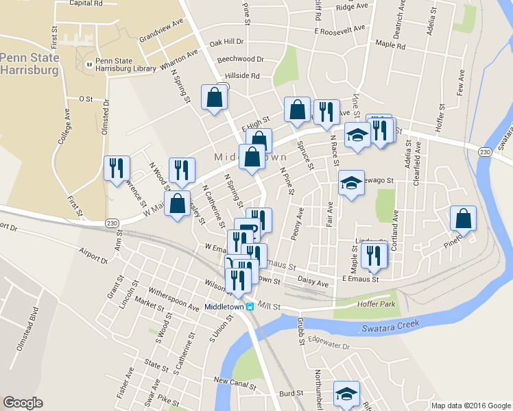 map of restaurants, bars, coffee shops, grocery stores, and more near 142 North Spring Street in Middletown