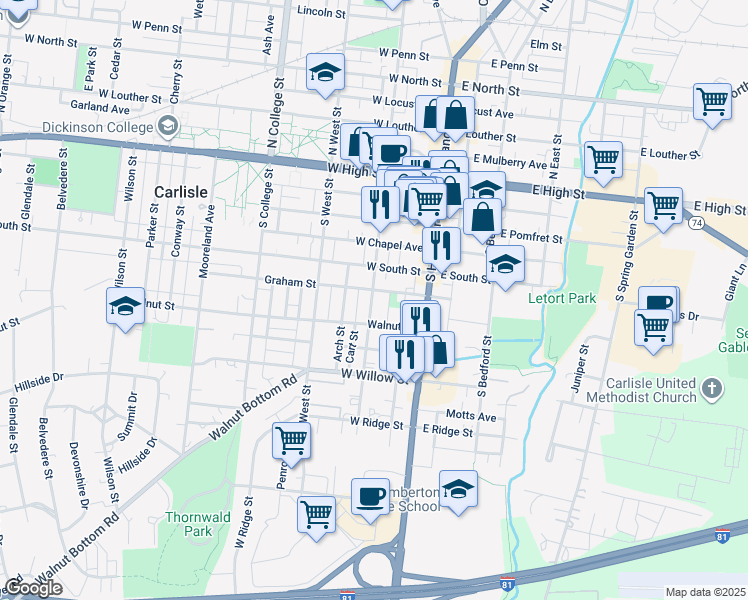 map of restaurants, bars, coffee shops, grocery stores, and more near 247 South Pitt Street in Carlisle