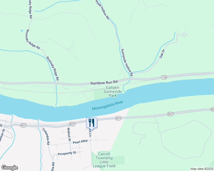 map of restaurants, bars, coffee shops, grocery stores, and more near 2229 Gallatin Road in Monongahela