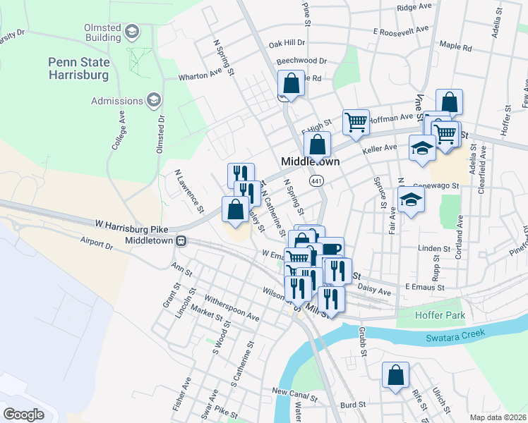map of restaurants, bars, coffee shops, grocery stores, and more near in Middletown