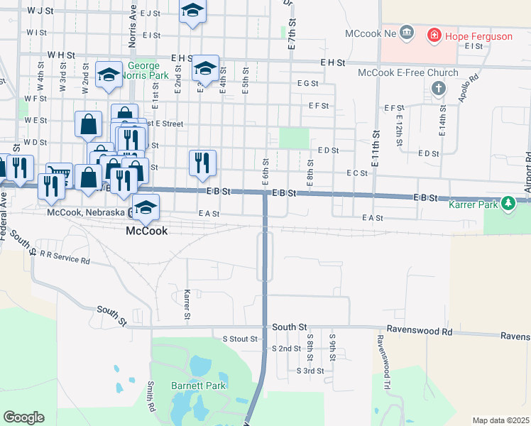 map of restaurants, bars, coffee shops, grocery stores, and more near 644-752 E A St in McCook