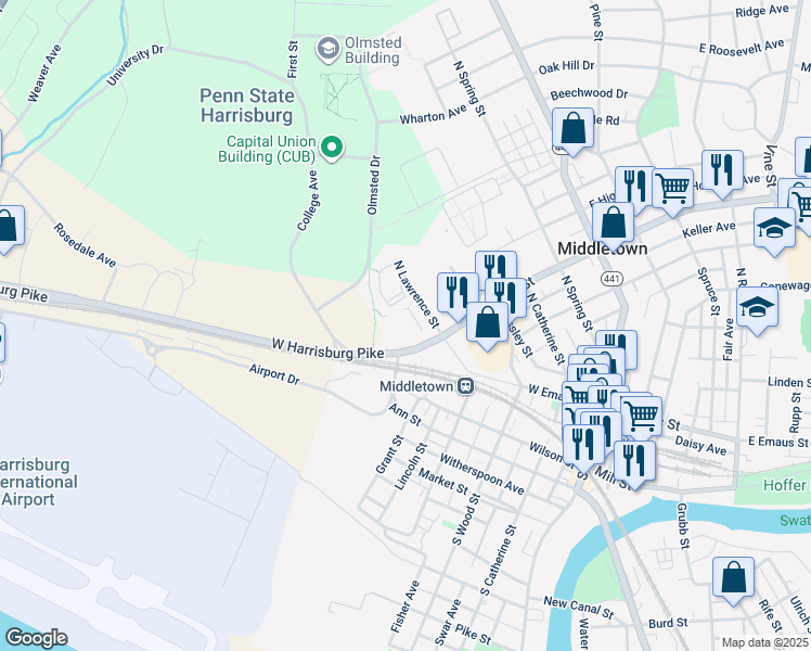 map of restaurants, bars, coffee shops, grocery stores, and more near 405 West Main Street in Middletown