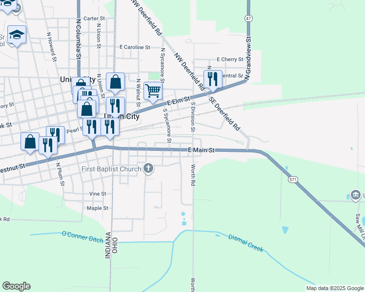 map of restaurants, bars, coffee shops, grocery stores, and more near 516 East Main Street in Union City
