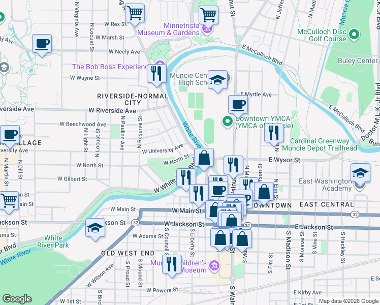 map of restaurants, bars, coffee shops, grocery stores, and more near Wheeling Avenue in Muncie