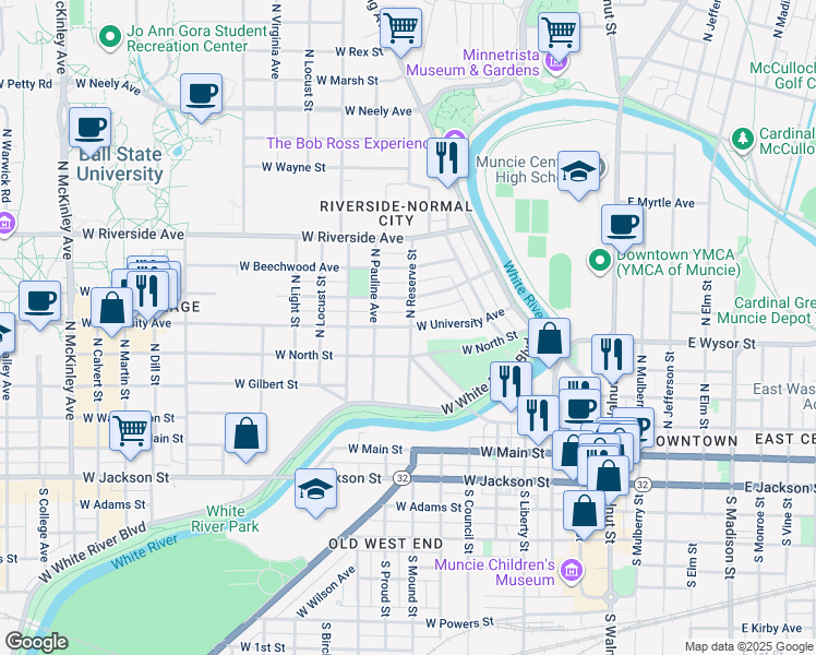map of restaurants, bars, coffee shops, grocery stores, and more near 814 West North Street in Muncie