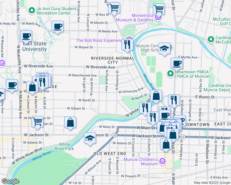 map of restaurants, bars, coffee shops, grocery stores, and more near 814 West North Street in Muncie