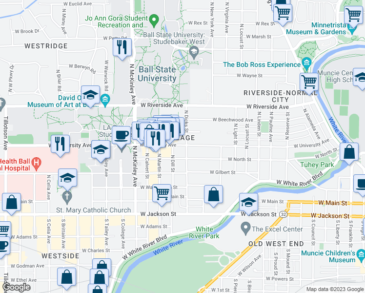 map of restaurants, bars, coffee shops, grocery stores, and more near 1509 West University Avenue in Muncie