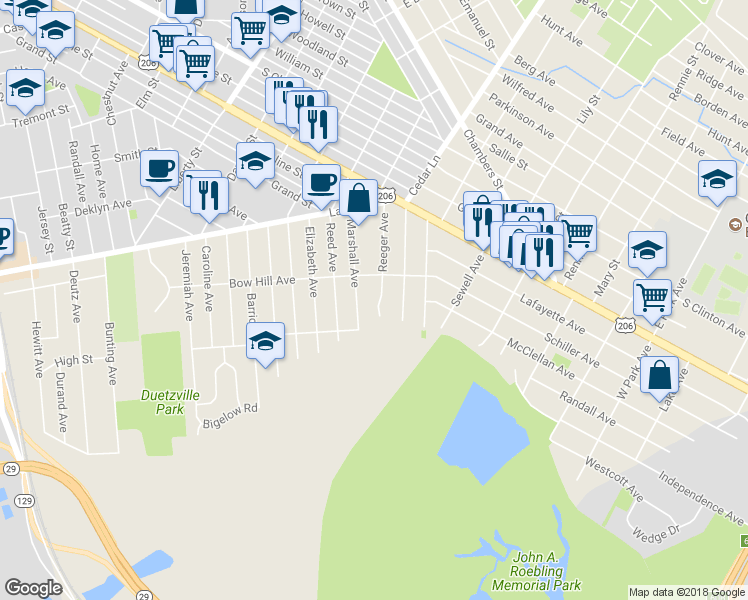 map of restaurants, bars, coffee shops, grocery stores, and more near 123 Reeger Avenue in Trenton
