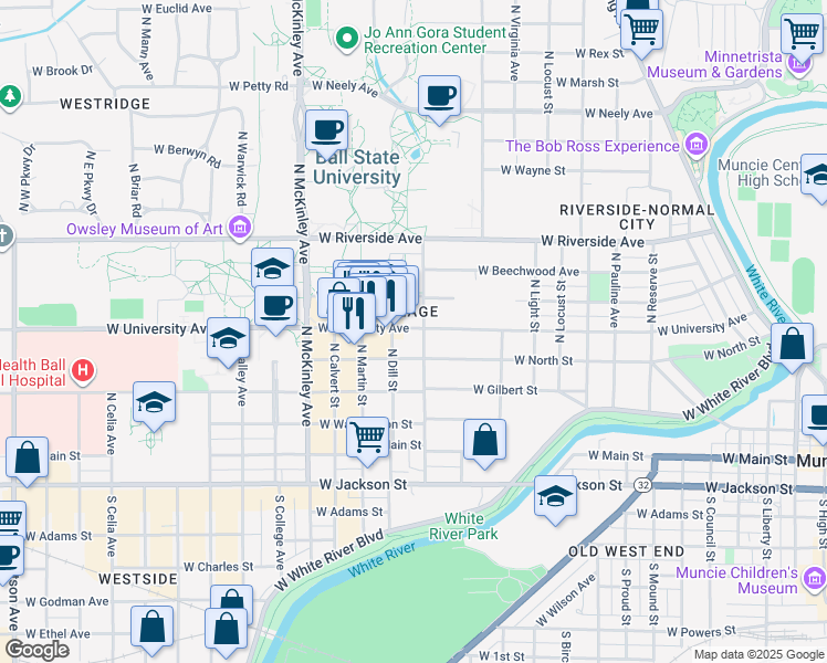 map of restaurants, bars, coffee shops, grocery stores, and more near 408 North Dill Street in Muncie