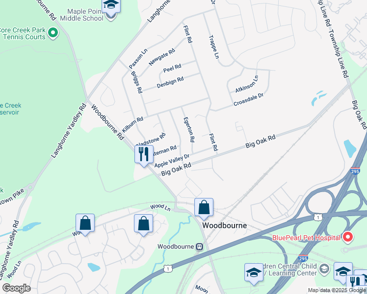 map of restaurants, bars, coffee shops, grocery stores, and more near 81 Apple Valley Drive in Langhorne