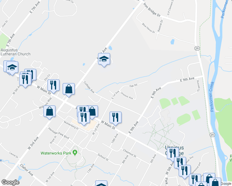 map of restaurants, bars, coffee shops, grocery stores, and more near 129 East 1st Avenue in Collegeville
