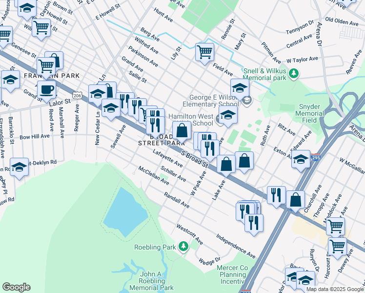 map of restaurants, bars, coffee shops, grocery stores, and more near 2025 South Broad Street in Hamilton Township