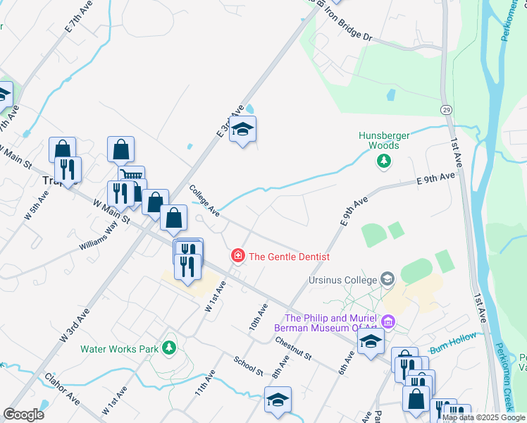 map of restaurants, bars, coffee shops, grocery stores, and more near 131 East 1st Avenue in Collegeville