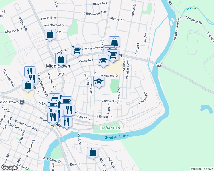 map of restaurants, bars, coffee shops, grocery stores, and more near 150 North Race Street in Middletown
