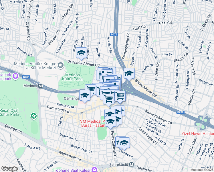 map of restaurants, bars, coffee shops, grocery stores, and more near Ulubatlı Hasan Bulvarı in Osmangazi