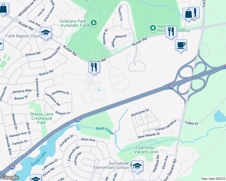 map of restaurants, bars, coffee shops, grocery stores, and more near 64 Kingston Boulevard in Hamilton Township