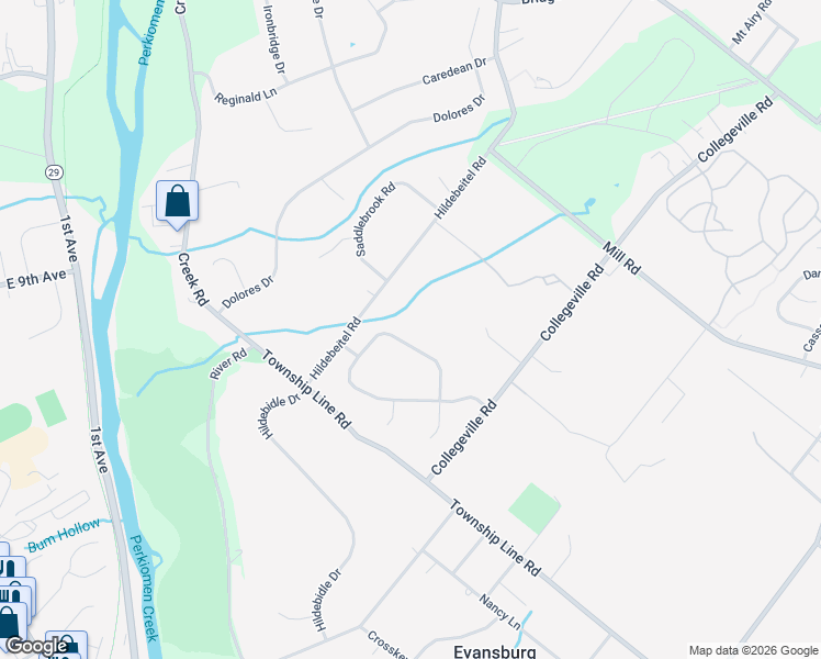 map of restaurants, bars, coffee shops, grocery stores, and more near 4063 Steeplechase Drive in Collegeville