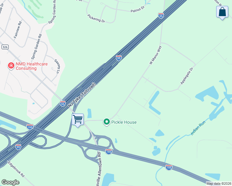 map of restaurants, bars, coffee shops, grocery stores, and more near 100 West Manor Way in Robbinsville Township