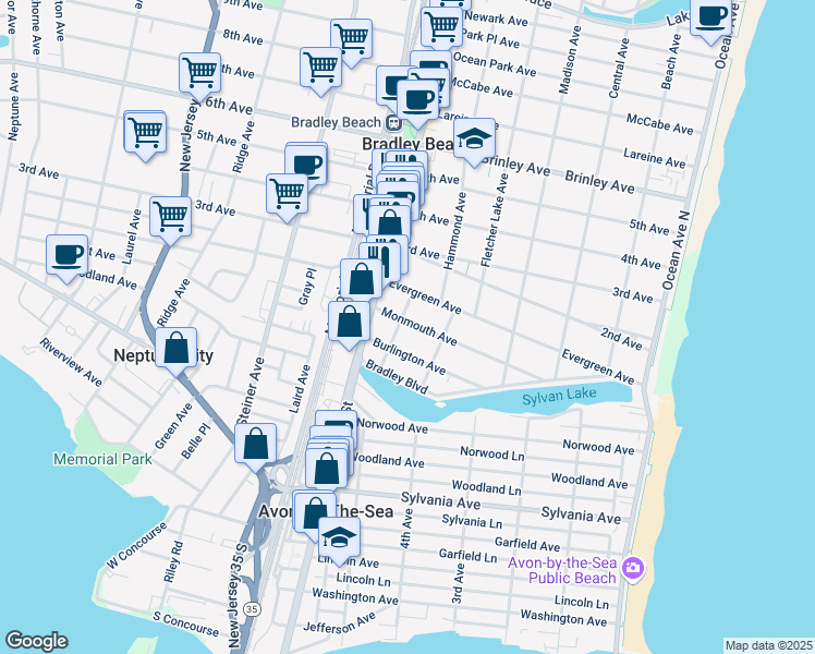 map of restaurants, bars, coffee shops, grocery stores, and more near 523 Burlington Avenue in Bradley Beach