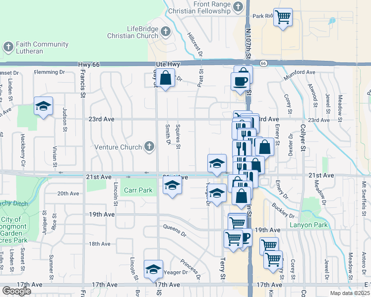 map of restaurants, bars, coffee shops, grocery stores, and more near 2130 Squires Street in Longmont