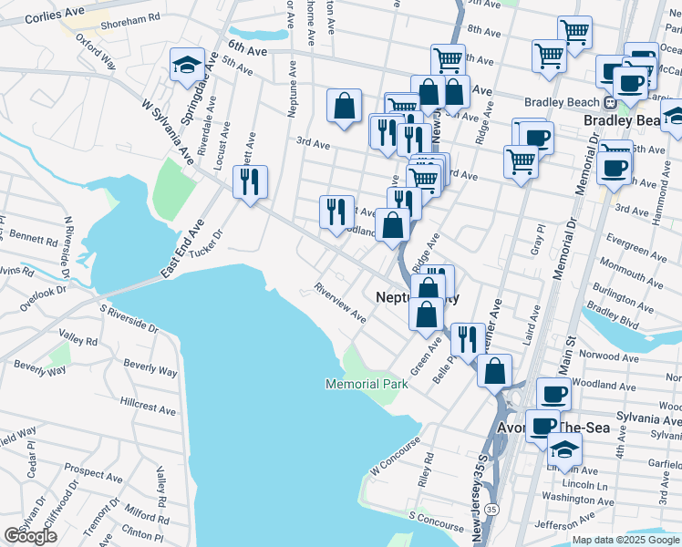 map of restaurants, bars, coffee shops, grocery stores, and more near 99 Lipman Place in Neptune City