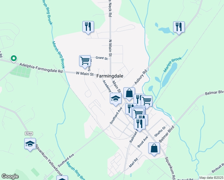 map of restaurants, bars, coffee shops, grocery stores, and more near 31 Academy Street in Farmingdale