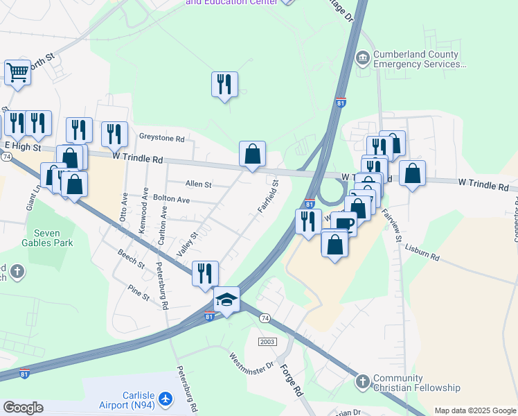 map of restaurants, bars, coffee shops, grocery stores, and more near 32 Fairfield Street in Carlisle