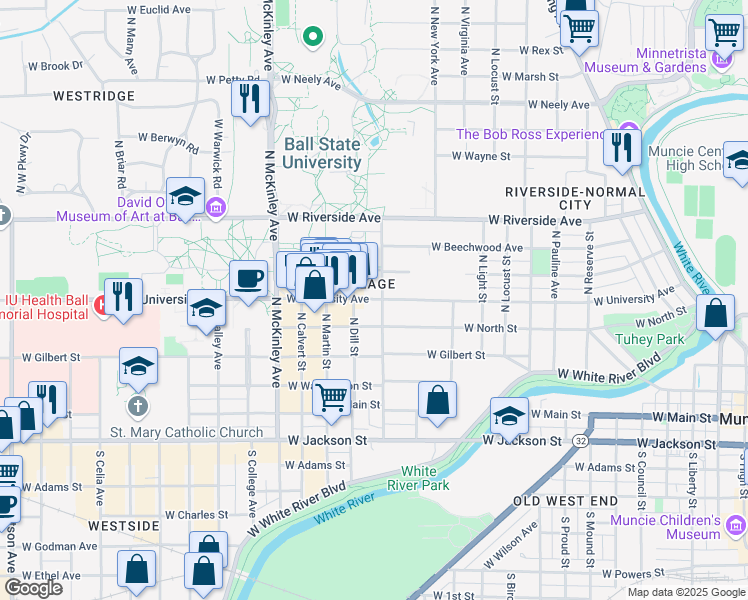 map of restaurants, bars, coffee shops, grocery stores, and more near 408 North Dill Street in Muncie