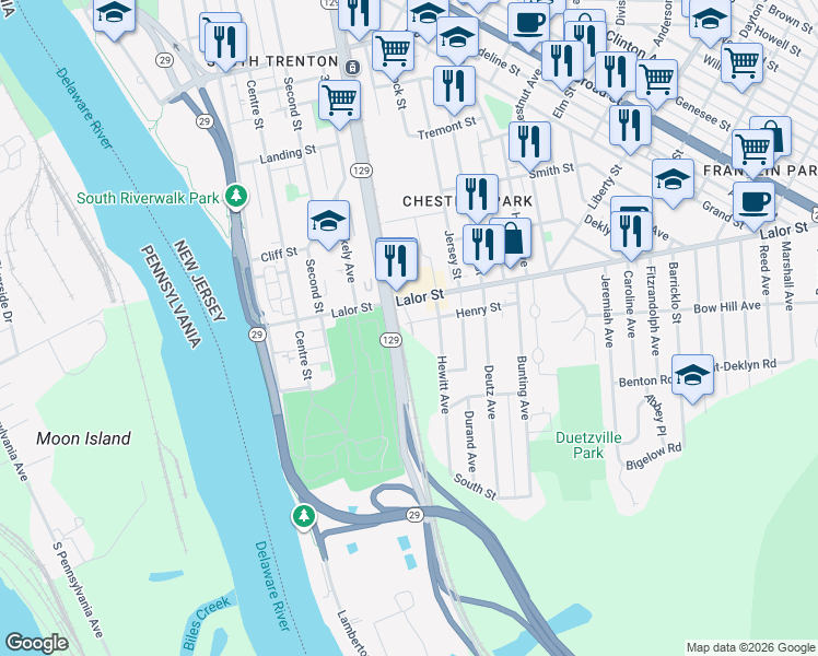 map of restaurants, bars, coffee shops, grocery stores, and more near 5 Henry Street in Hamilton Township