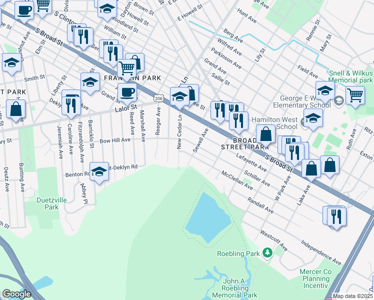 map of restaurants, bars, coffee shops, grocery stores, and more near 22 McClellan Avenue in Hamilton Township