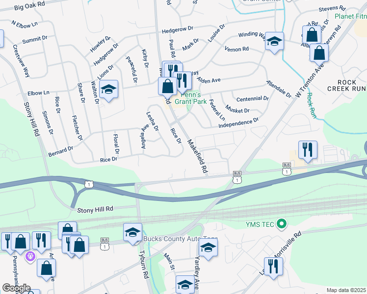 map of restaurants, bars, coffee shops, grocery stores, and more near 96 Rice Drive in Morrisville