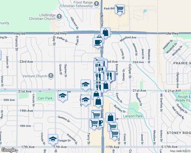 map of restaurants, bars, coffee shops, grocery stores, and more near 2255 Main Street in Longmont