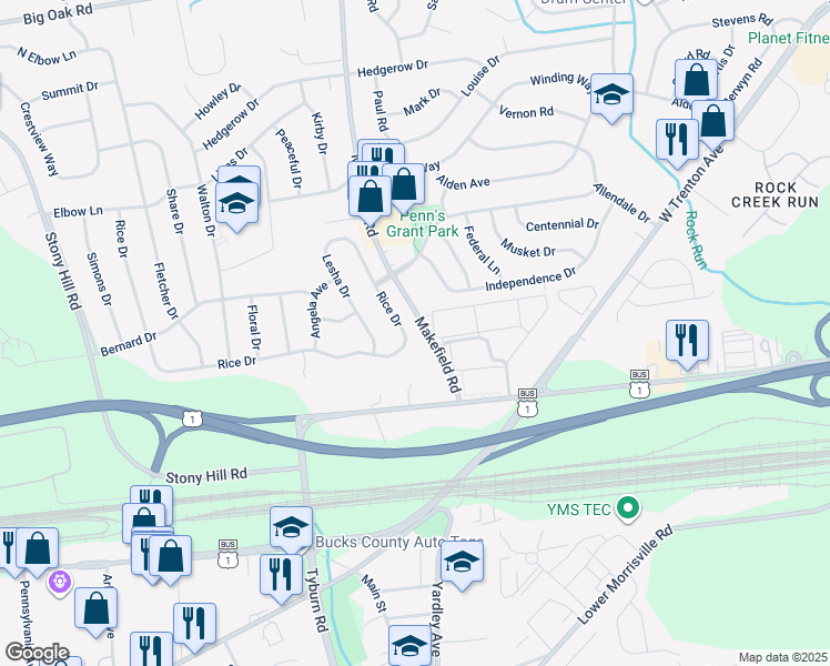 map of restaurants, bars, coffee shops, grocery stores, and more near 96 Rice Drive in Morrisville