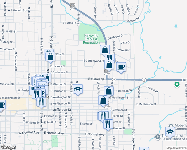 map of restaurants, bars, coffee shops, grocery stores, and more near 810-984 East Illinois Street in Kirksville